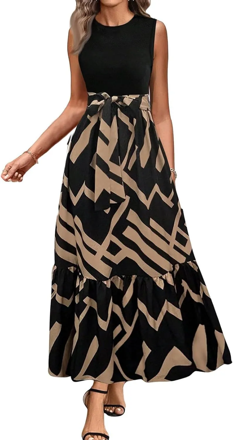 Maxi Dresses for Women 2025 Floral Patchwork Sleeveless Wrap Dress Summer Elegant Flowy Tie Waist Wedding Guest Dress