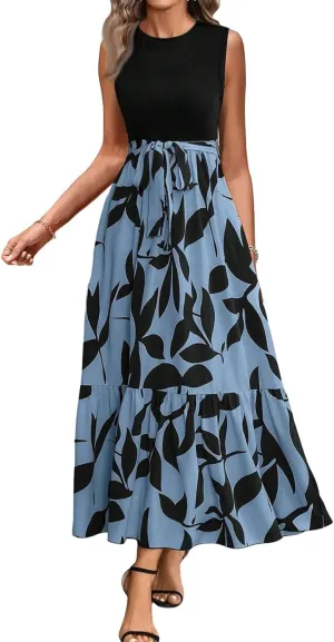 Maxi Dresses for Women 2025 Floral Patchwork Sleeveless Wrap Dress Summer Elegant Flowy Tie Waist Wedding Guest Dress