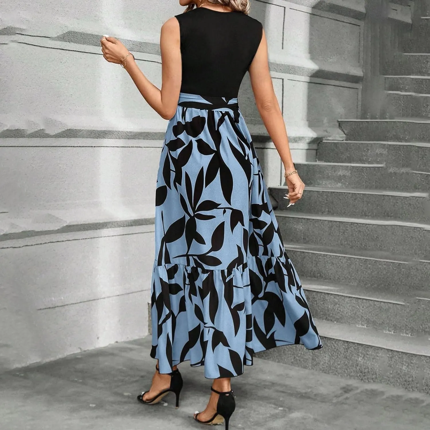 Maxi Dresses for Women 2025 Floral Patchwork Sleeveless Wrap Dress Summer Elegant Flowy Tie Waist Wedding Guest Dress