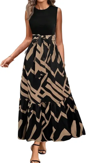 Maxi Dresses for Women 2025 Floral Patchwork Sleeveless Wrap Dress Summer Elegant Flowy Tie Waist Wedding Guest Dress