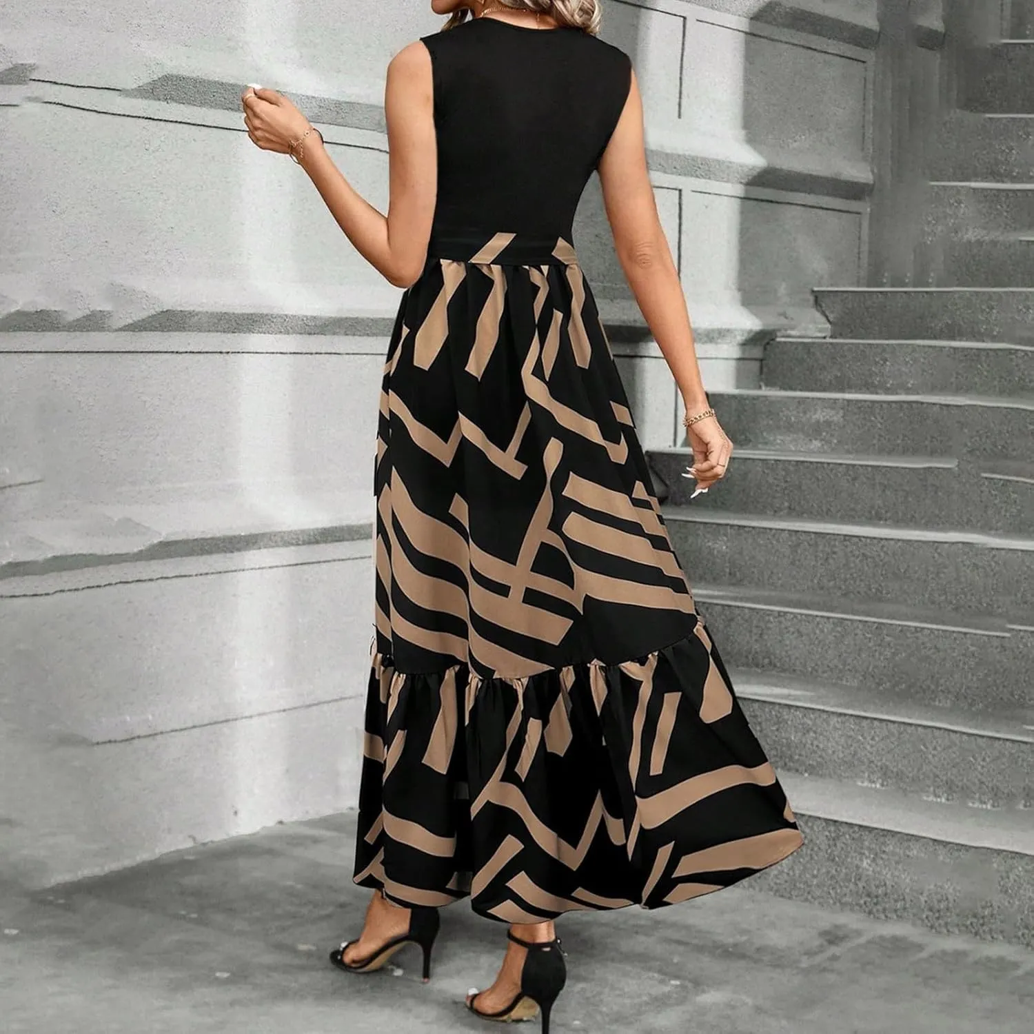 Maxi Dresses for Women 2025 Floral Patchwork Sleeveless Wrap Dress Summer Elegant Flowy Tie Waist Wedding Guest Dress