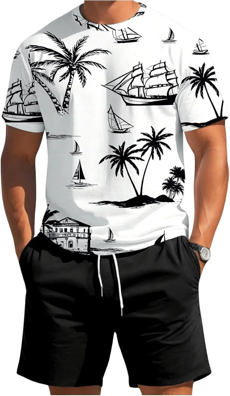 Men's 2 Piece Outfits Tropical Graphic Short Sleeve T-Shirt and Drawstring Waist Shorts Sets