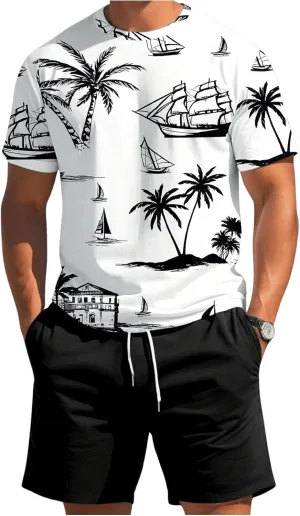 Men's 2 Piece Outfits Tropical Graphic Short Sleeve T-Shirt and Drawstring Waist Shorts Sets