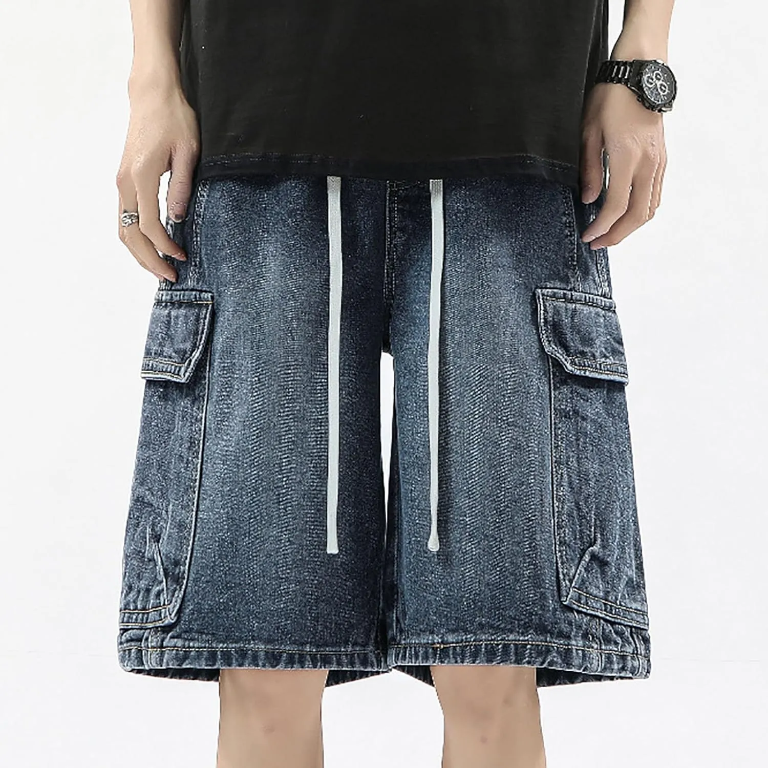 Mens Baggy Denim Jorts Y2K Vintage Loose Hip Hop Jean Shorts Wide Leg Mid Jeans Streetwear Clothes
