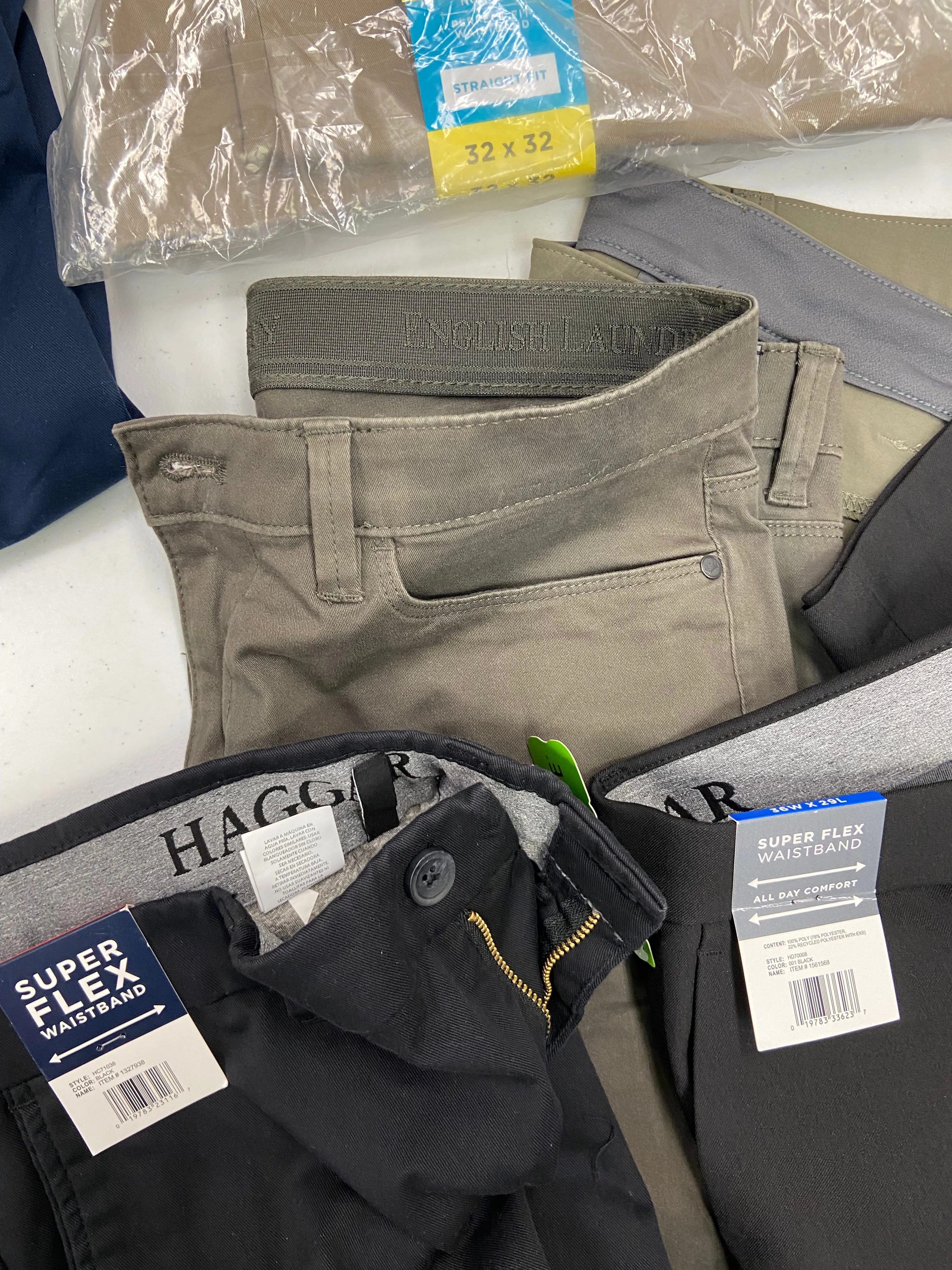 Men's Clothing Pants & Jeans Wholesale Lot, EDDIE BAUER, HAGGAR, WEATHERPROOF, ENGLISH LAUNDRY and more, 13 items, Shelf Pulls, MSRP $798