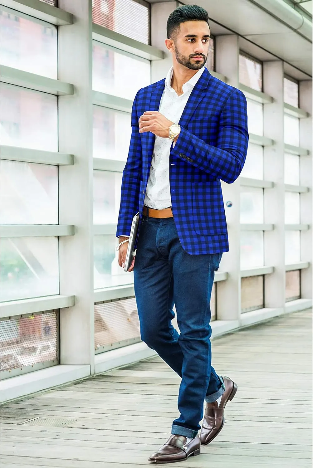 Men's Plaid Blazer 2 Button Lightweight Regular Fit Checked Plaid Suit Sport Coat Jacket Casual Daily Dress Jacket Sport Coat
