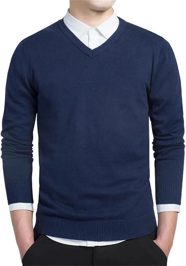 Men's Slim Fit V-Neck Sweater Soft Cotton Knit Pullover Lightweight Casual Solid Color Jumper for Autumn