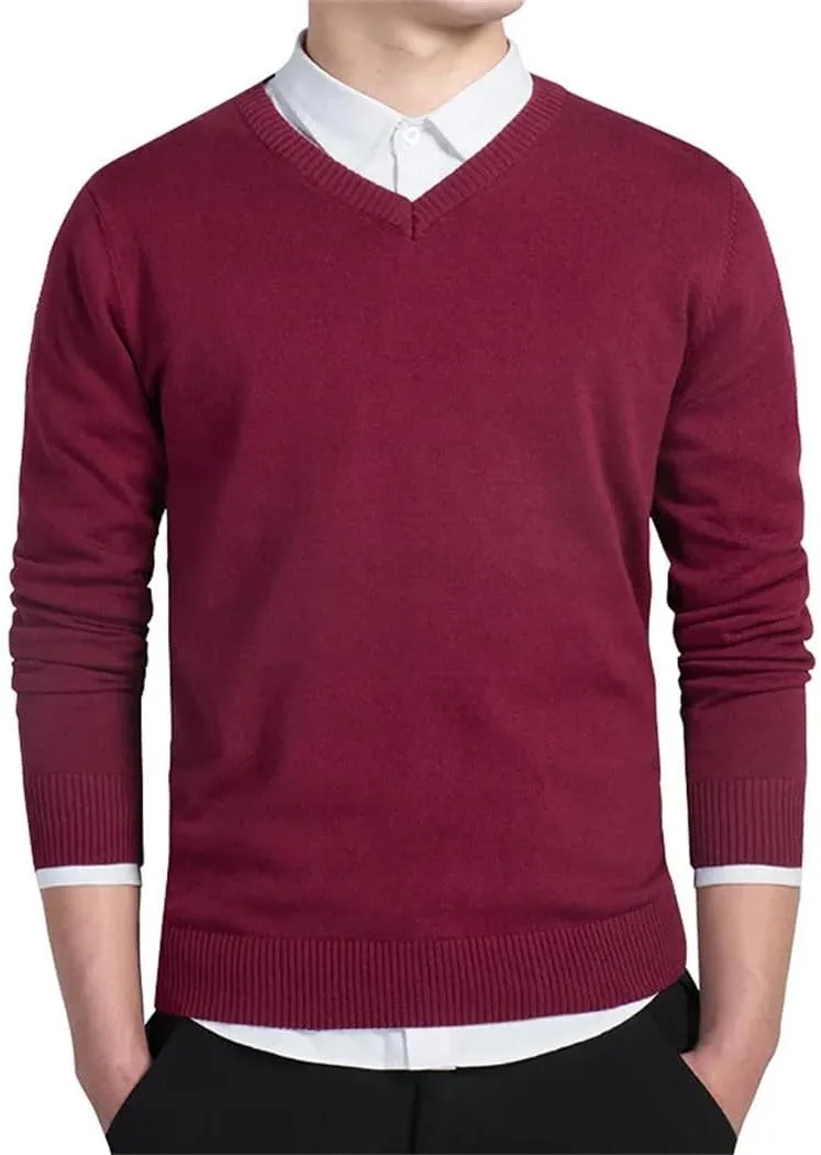 Men's Slim Fit V-Neck Sweater Soft Cotton Knit Pullover Lightweight Casual Solid Color Jumper for Autumn