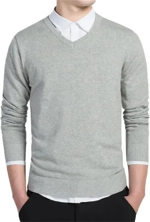Men's Slim Fit V-Neck Sweater Soft Cotton Knit Pullover Lightweight Casual Solid Color Jumper for Autumn