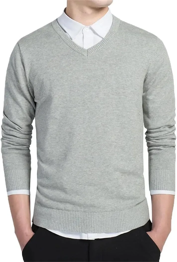 Men's Slim Fit V-Neck Sweater Soft Cotton Knit Pullover Lightweight Casual Solid Color Jumper for Autumn
