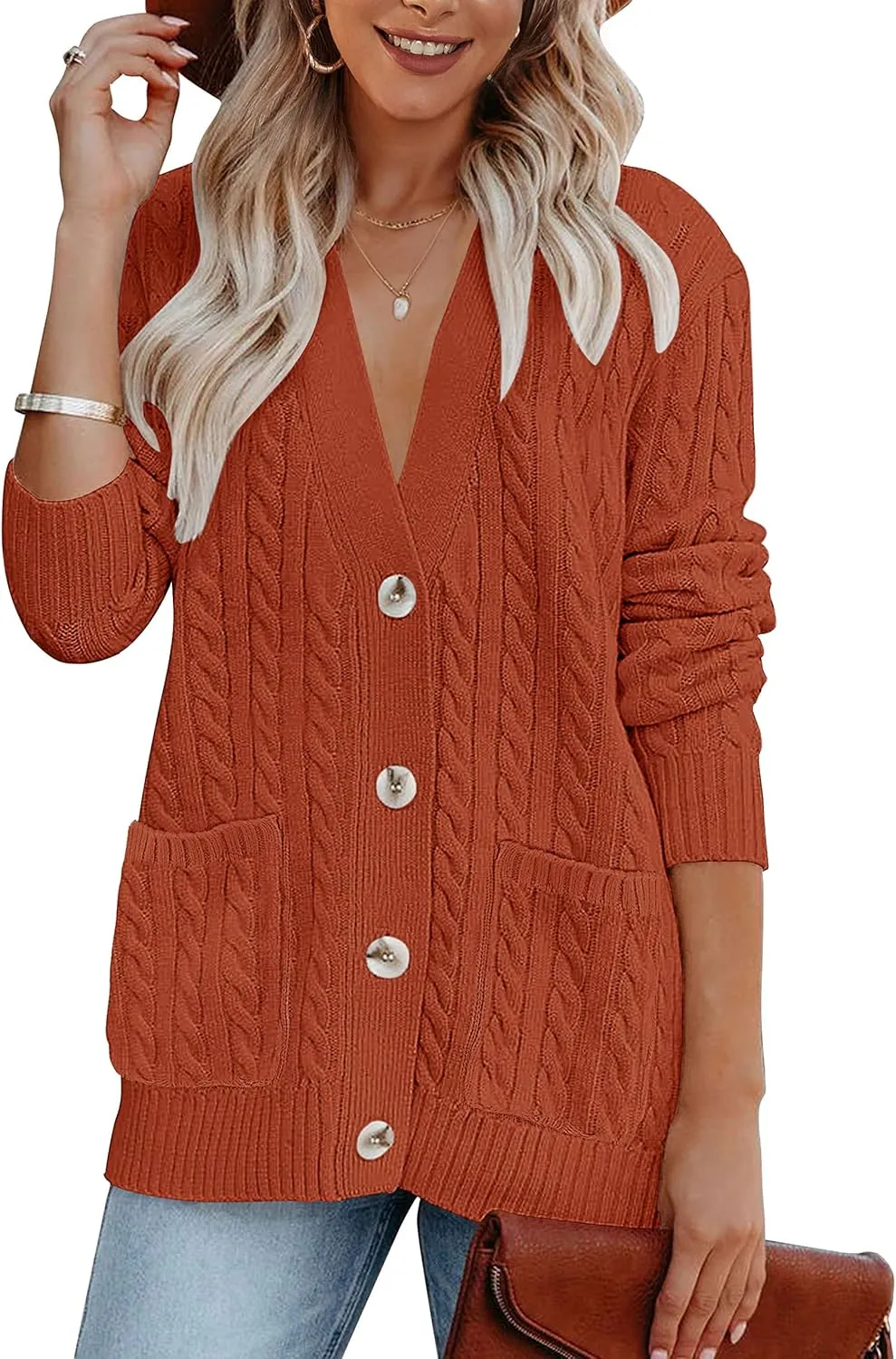 MEROKEETY Women's 2025 Long Sleeve Cable Knit Button Cardigan Sweater Open Front Outwear Coat with Pockets