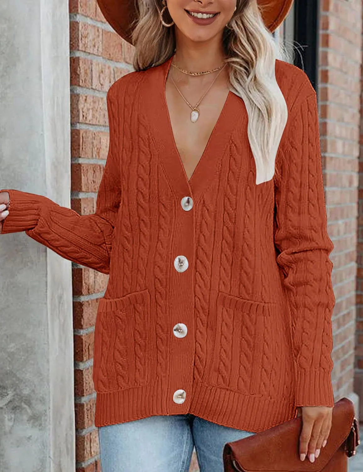 MEROKEETY Women's 2025 Long Sleeve Cable Knit Button Cardigan Sweater Open Front Outwear Coat with Pockets