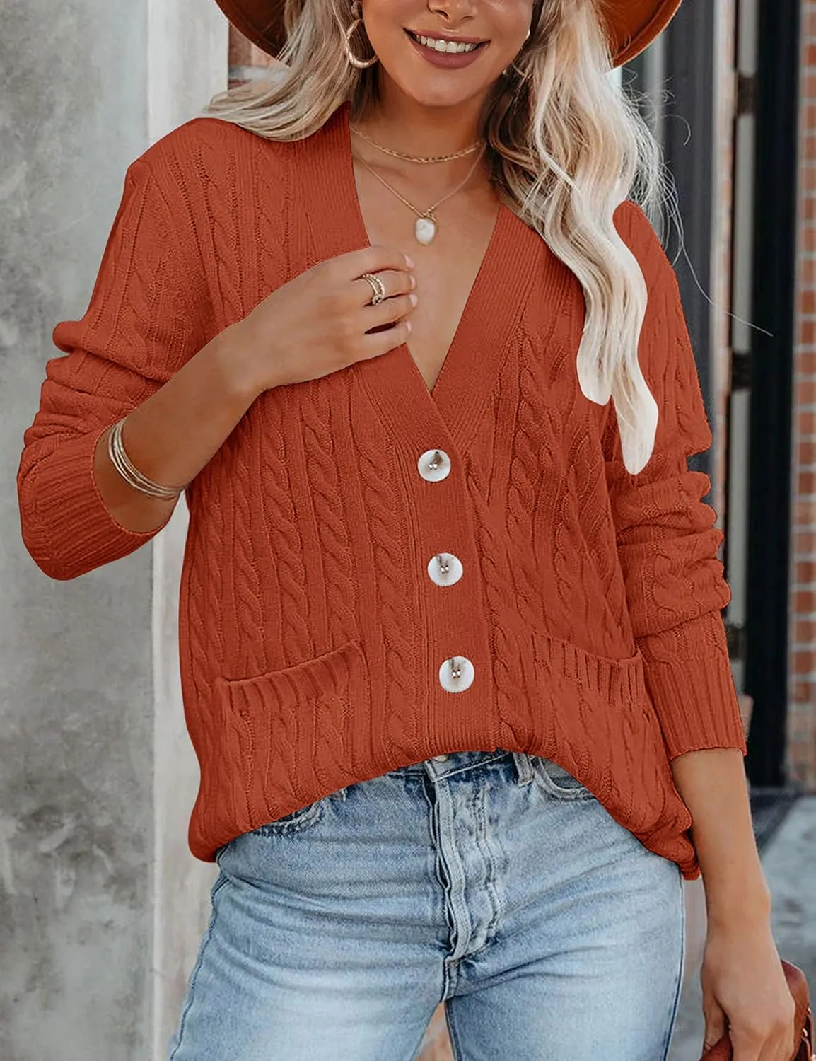 MEROKEETY Women's 2025 Long Sleeve Cable Knit Button Cardigan Sweater Open Front Outwear Coat with Pockets