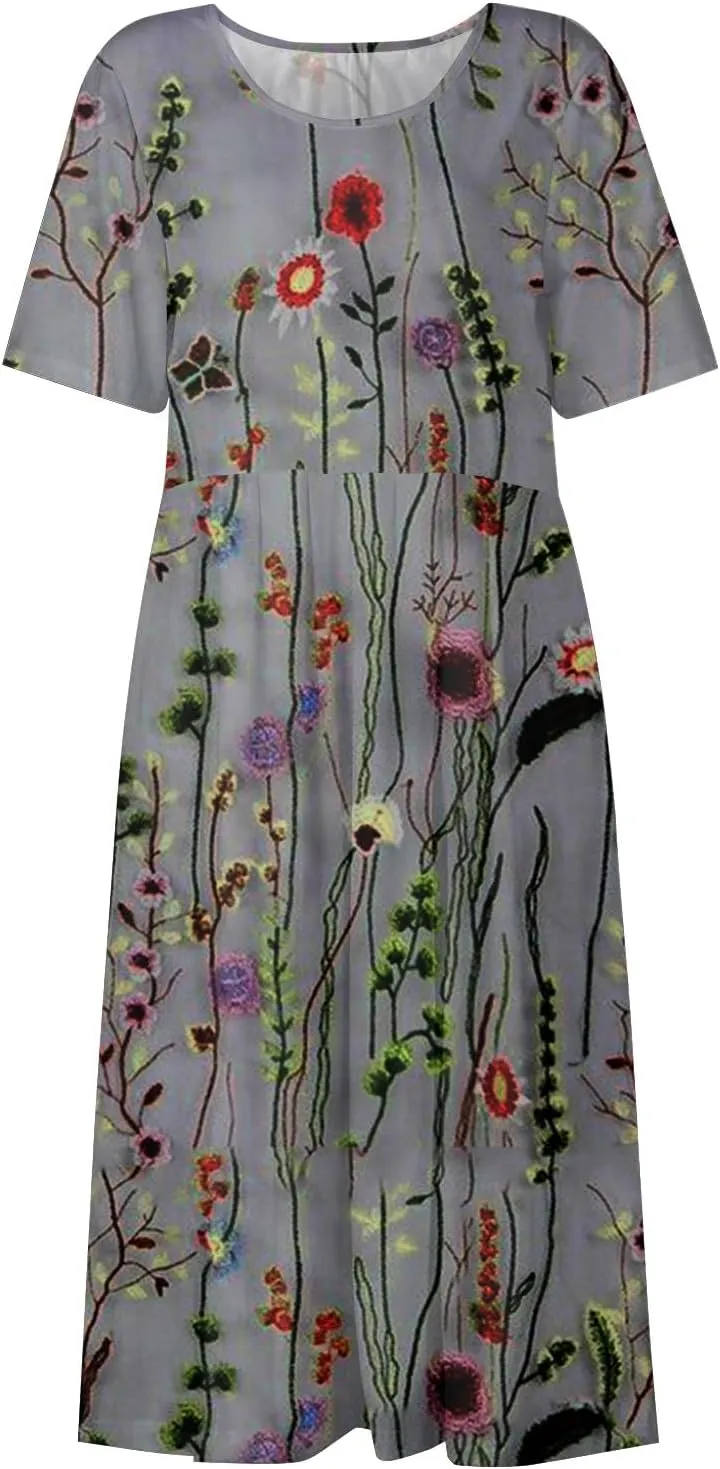 Midi Dresses for Women,Short Sleeve Elegant Formal Ruched Flowy Trendy Plus Size Casual Summer Wedding Guest Dress