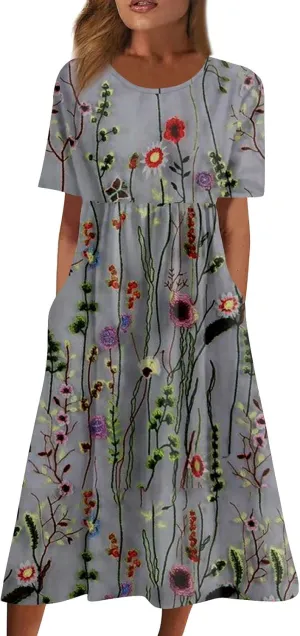 Midi Dresses for Women,Short Sleeve Elegant Formal Ruched Flowy Trendy Plus Size Casual Summer Wedding Guest Dress