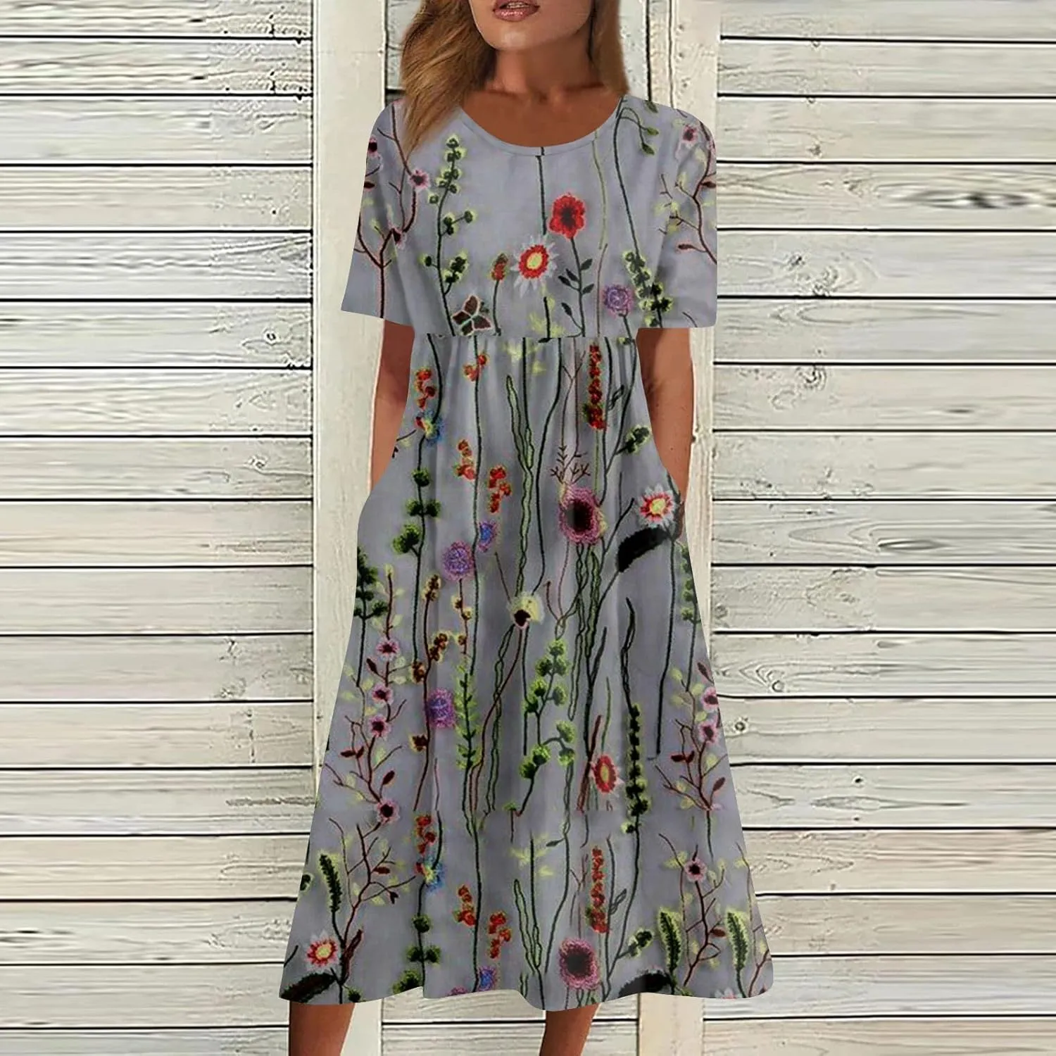 Midi Dresses for Women,Short Sleeve Elegant Formal Ruched Flowy Trendy Plus Size Casual Summer Wedding Guest Dress