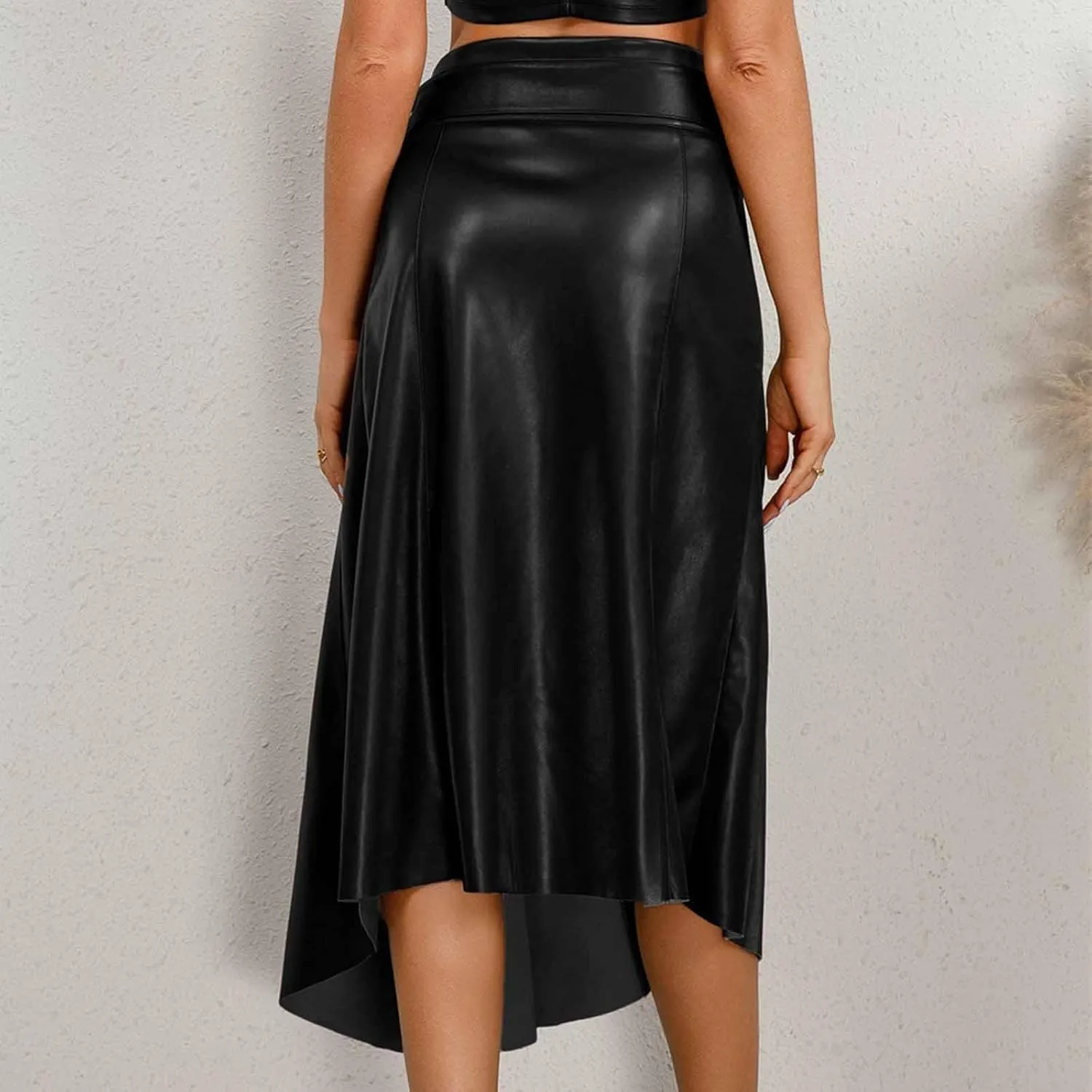 Midi Skirts for Women Trendy Lace Up Irregular Pu Leather Skirt Sexy Casual Mid Calf A-line Pleated Skirts