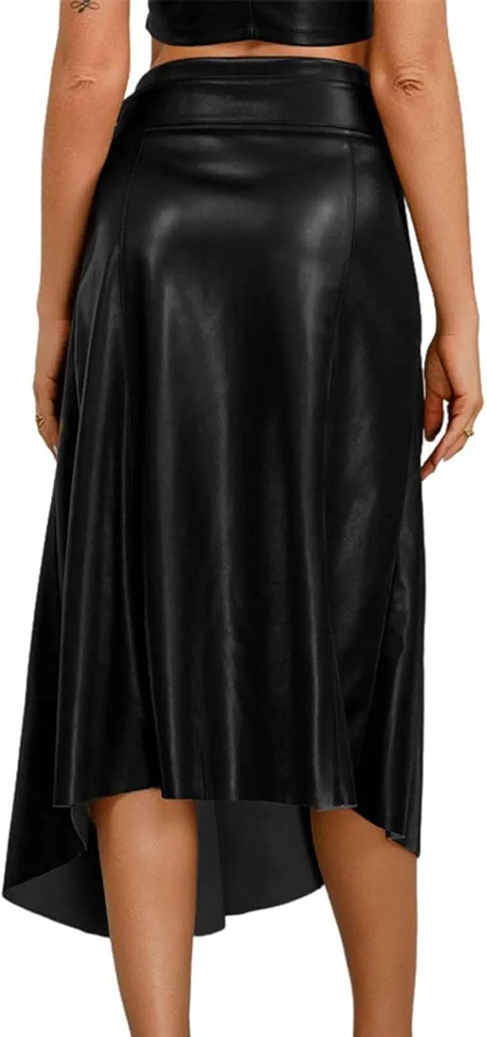 Midi Skirts for Women Trendy Lace Up Irregular Pu Leather Skirt Sexy Casual Mid Calf A-line Pleated Skirts