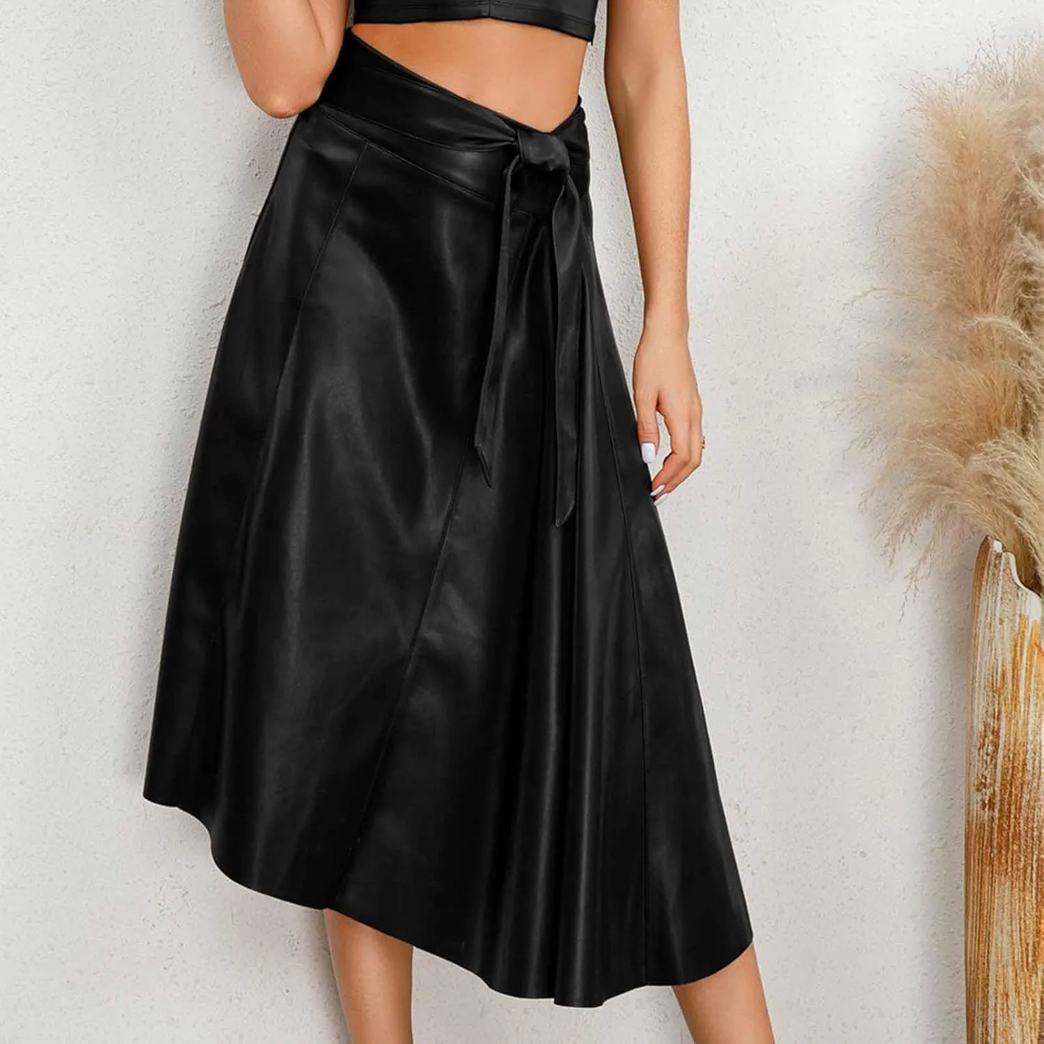 Midi Skirts for Women Trendy Lace Up Irregular Pu Leather Skirt Sexy Casual Mid Calf A-line Pleated Skirts