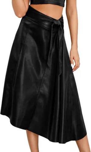 Midi Skirts for Women Trendy Lace Up Irregular Pu Leather Skirt Sexy Casual Mid Calf A-line Pleated Skirts