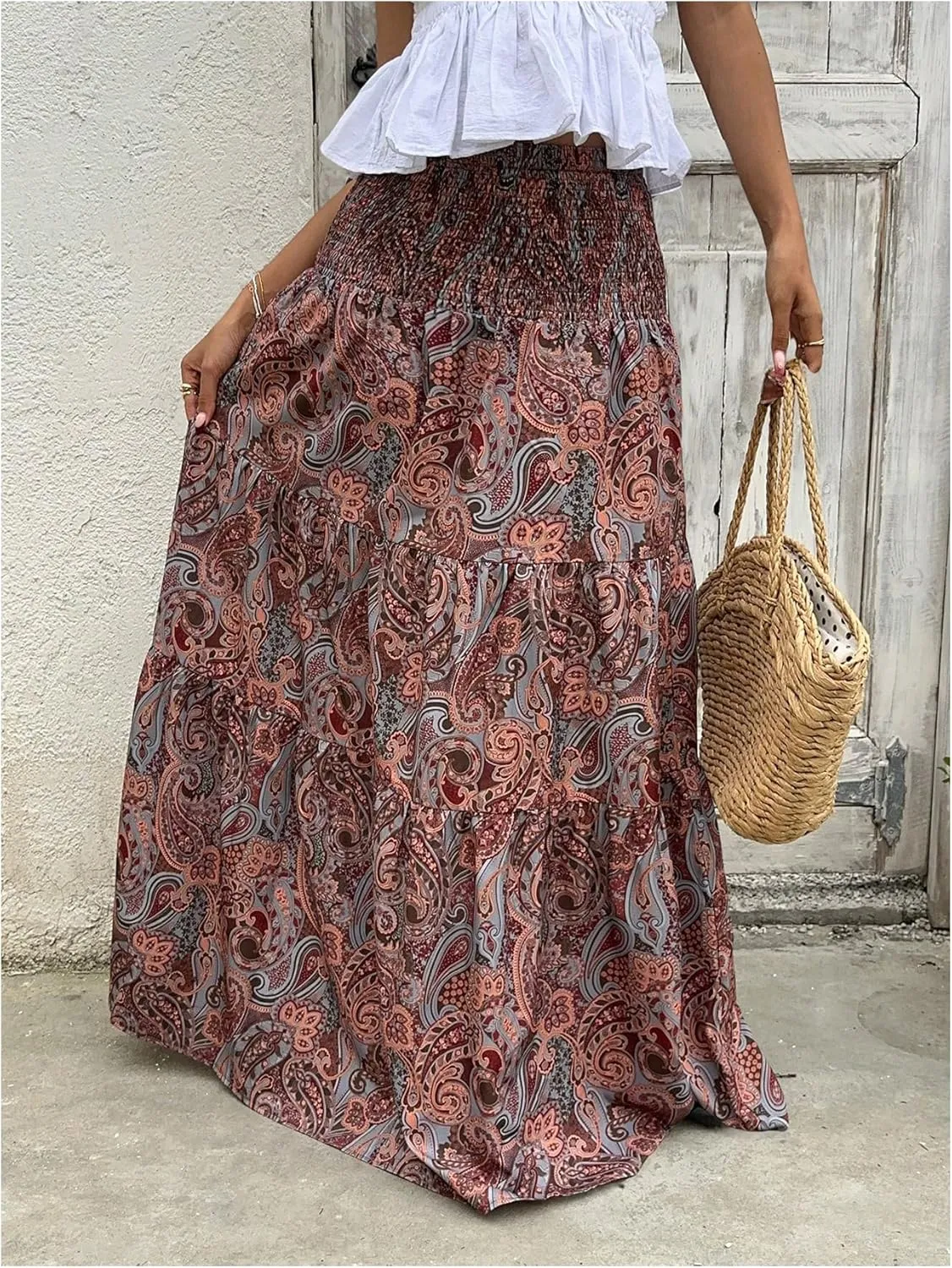 Milumia Women's Paisley Print Flowy Maxi Skirts Boho Shirred Long Skirts Beach Vacation