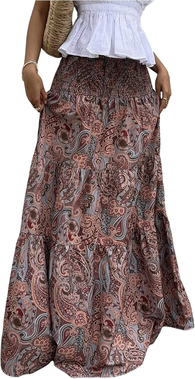 Milumia Women's Paisley Print Flowy Maxi Skirts Boho Shirred Long Skirts Beach Vacation