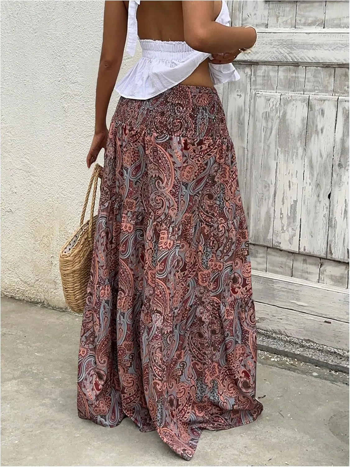 Milumia Women's Paisley Print Flowy Maxi Skirts Boho Shirred Long Skirts Beach Vacation