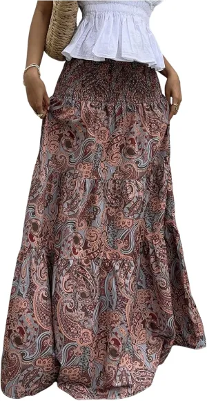 Milumia Women's Paisley Print Flowy Maxi Skirts Boho Shirred Long Skirts Beach Vacation