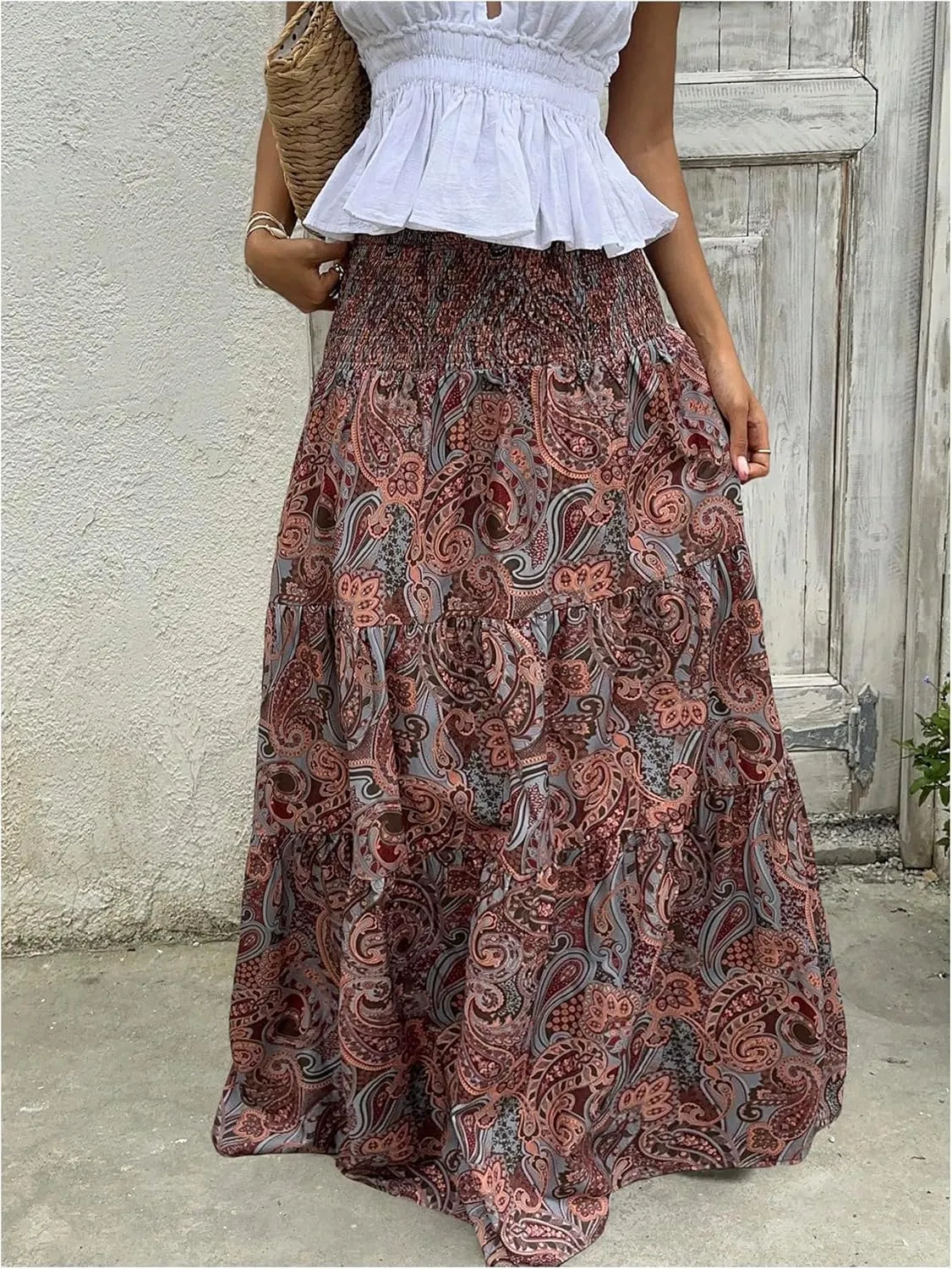 Milumia Women's Paisley Print Flowy Maxi Skirts Boho Shirred Long Skirts Beach Vacation
