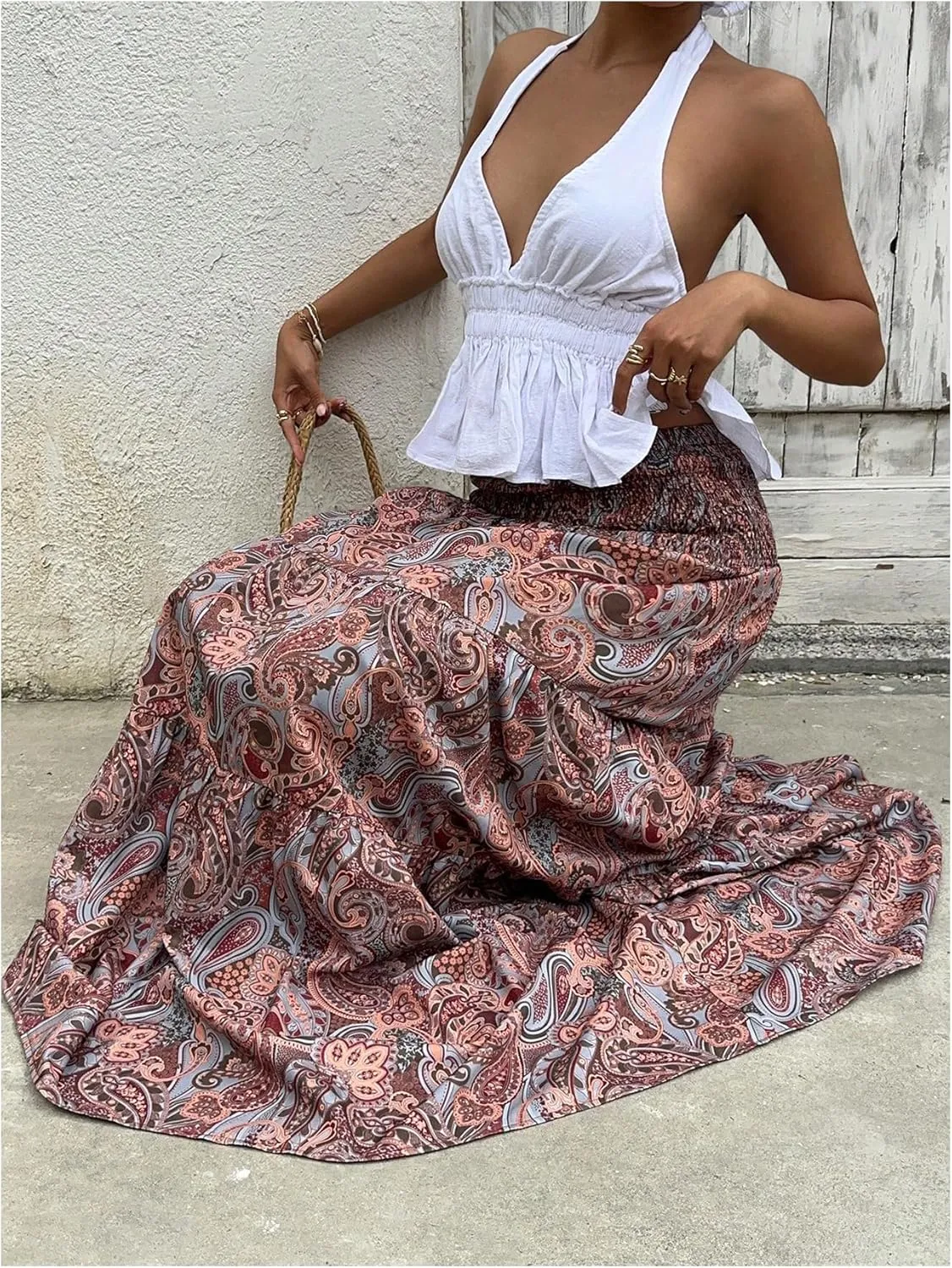 Milumia Women's Paisley Print Flowy Maxi Skirts Boho Shirred Long Skirts Beach Vacation
