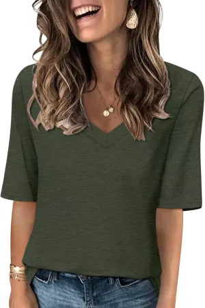 Minetom Women's V Neck T Shirts Casual Half Sleeve Tops Basic Summer Tees