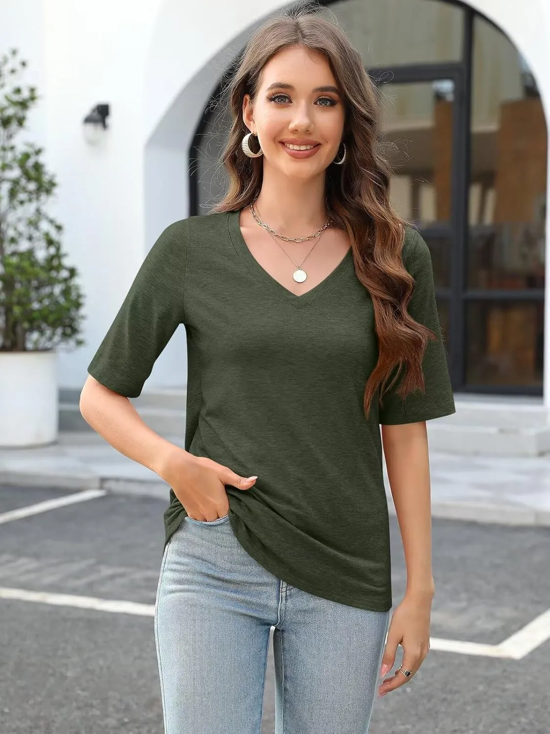 Minetom Women's V Neck T Shirts Casual Half Sleeve Tops Basic Summer Tees