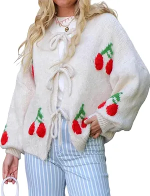 Mingzhu Womens Loose Bow Tie Open Front Cardigan Sweater Casual Long Sleeve Ribbed Knit Outwear