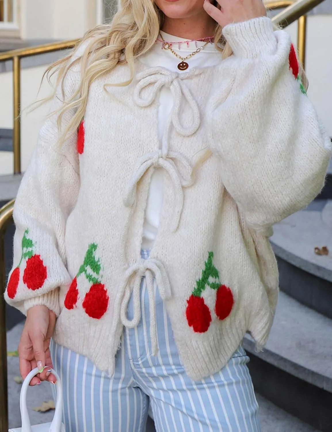 Mingzhu Womens Loose Bow Tie Open Front Cardigan Sweater Casual Long Sleeve Ribbed Knit Outwear