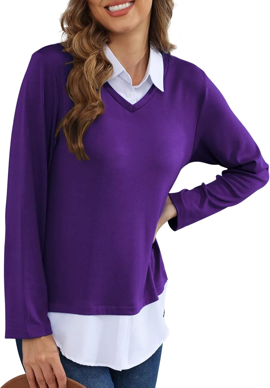 MISS FORTUNE Women's V-Neck Collar 2 in 1 Office Tunic Sweater