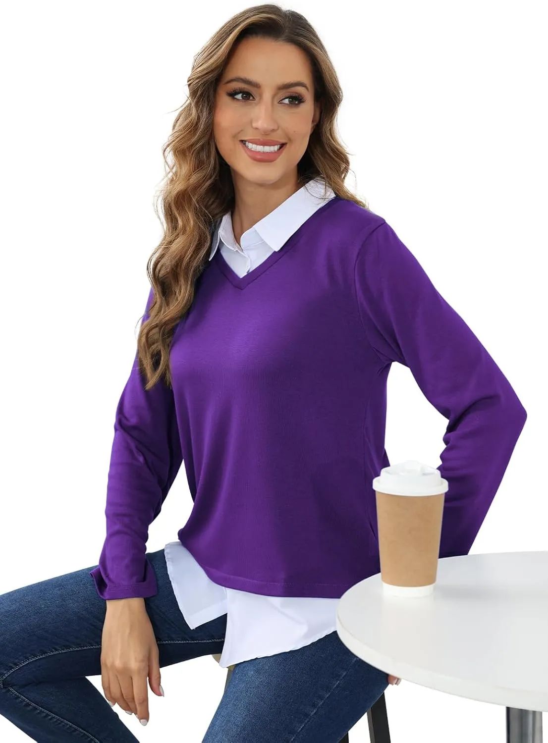 MISS FORTUNE Women's V-Neck Collar 2 in 1 Office Tunic Sweater