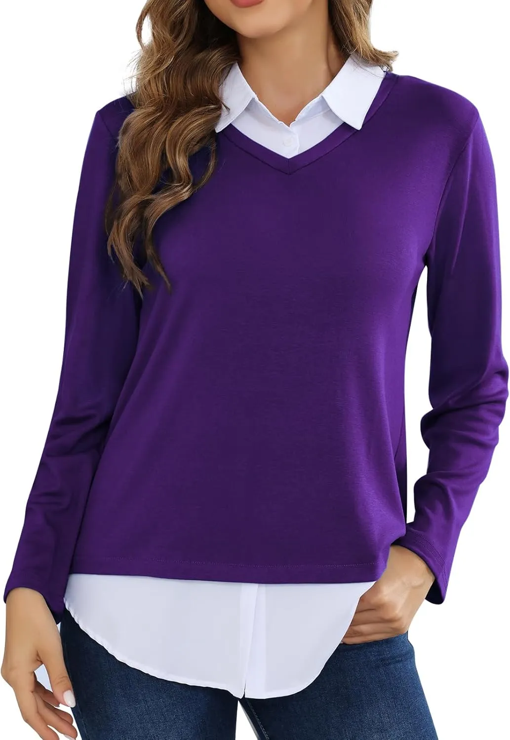 MISS FORTUNE Women's V-Neck Collar 2 in 1 Office Tunic Sweater