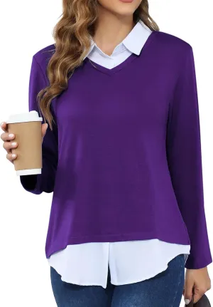MISS FORTUNE Women's V-Neck Collar 2 in 1 Office Tunic Sweater