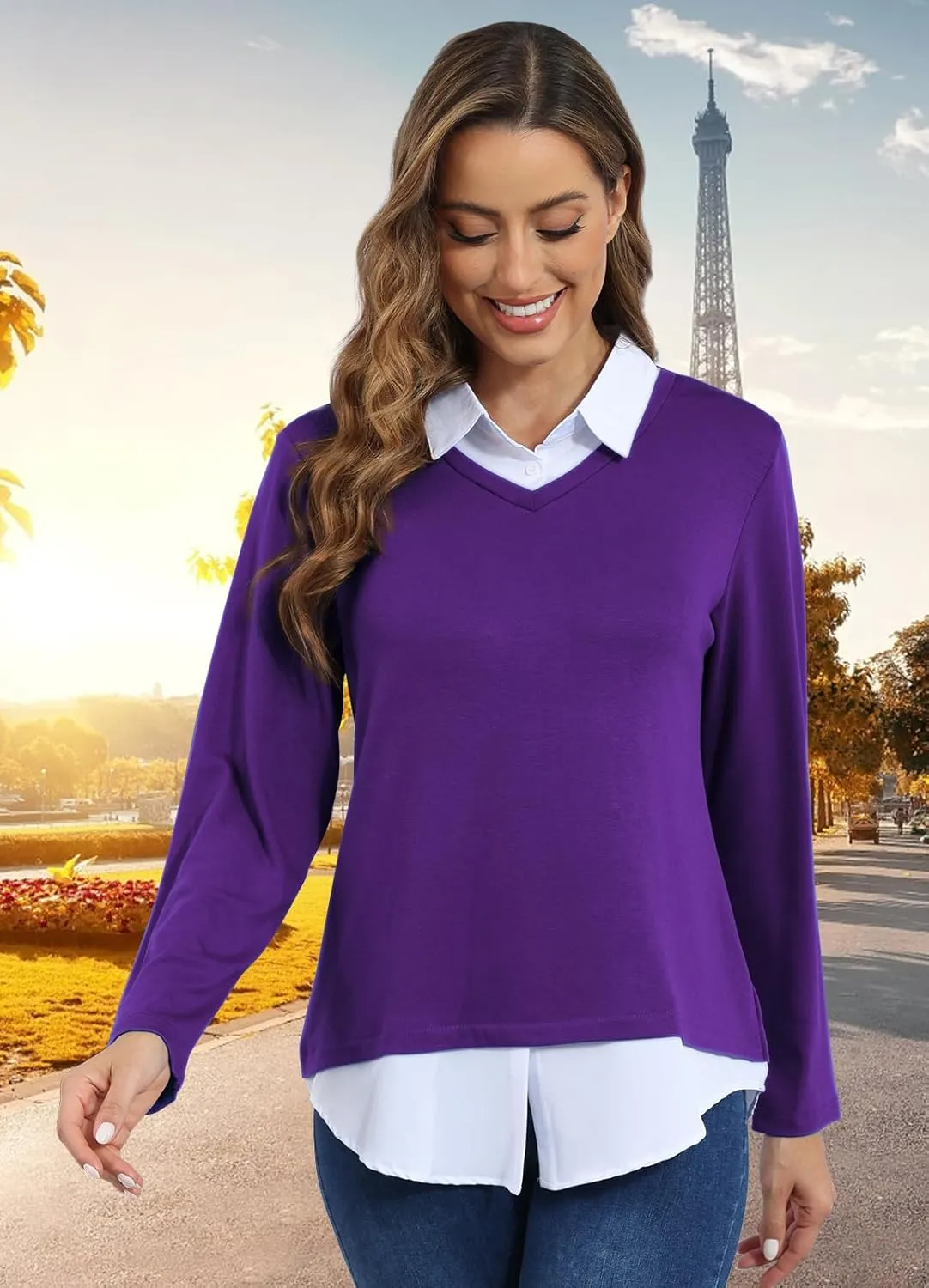 MISS FORTUNE Women's V-Neck Collar 2 in 1 Office Tunic Sweater