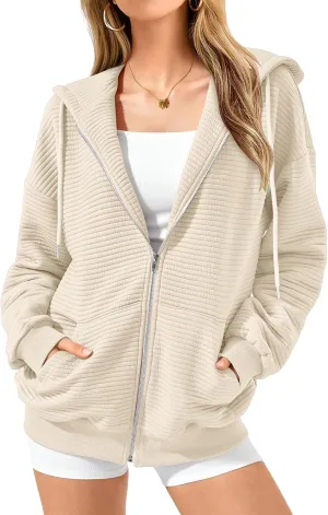 Mmoneyake Zip Up Hoodie Women Long Sleeve Sweatshirts 2024 Oversized Waffle Knit Hoodies Casual Fashion Jackets Fall Outfits
