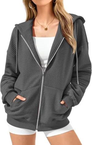 Mmoneyake Zip Up Hoodie Women Long Sleeve Sweatshirts 2024 Oversized Waffle Knit Hoodies Casual Fashion Jackets Fall Outfits
