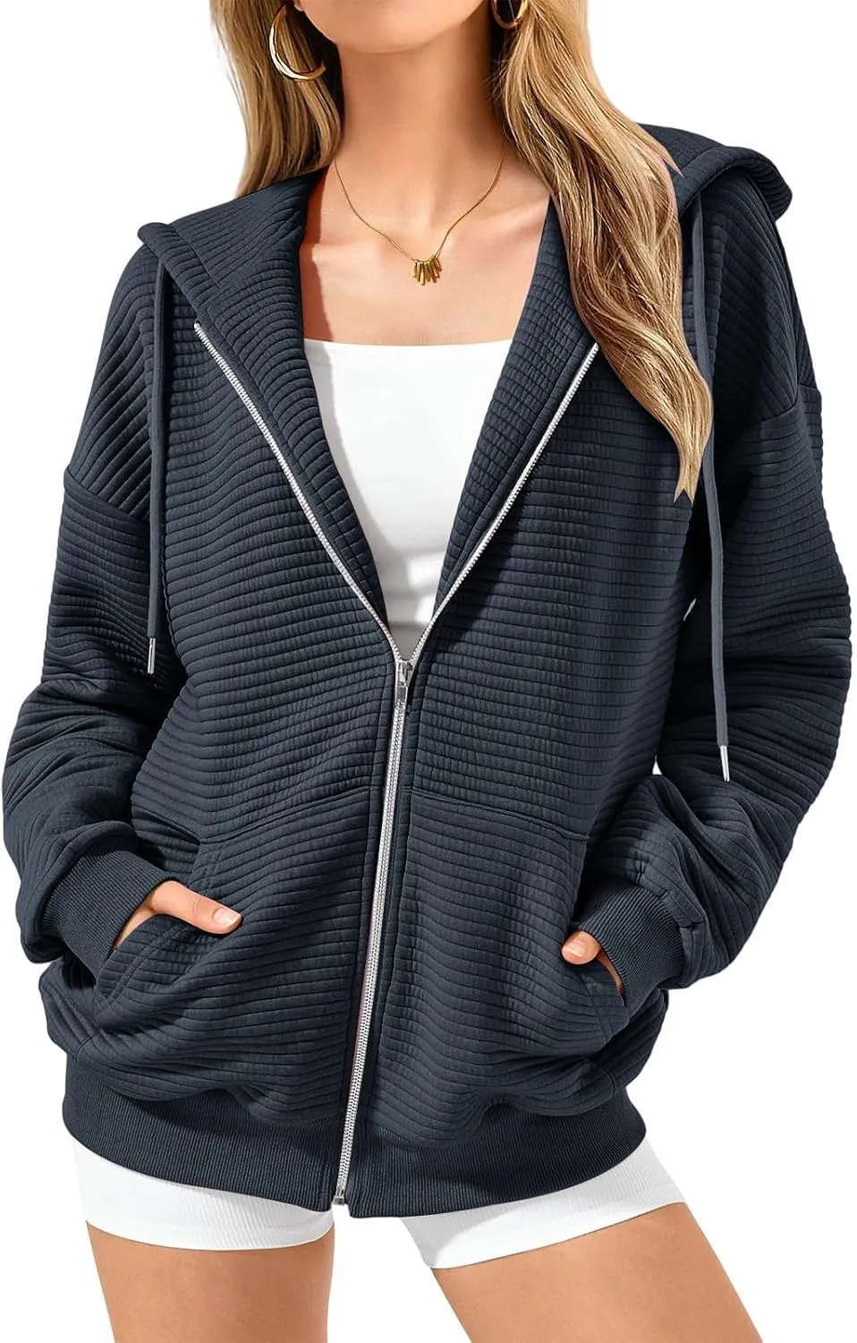 Mmoneyake Zip Up Hoodie Women Long Sleeve Sweatshirts 2024 Oversized Waffle Knit Hoodies Casual Fashion Jackets Fall Outfits
