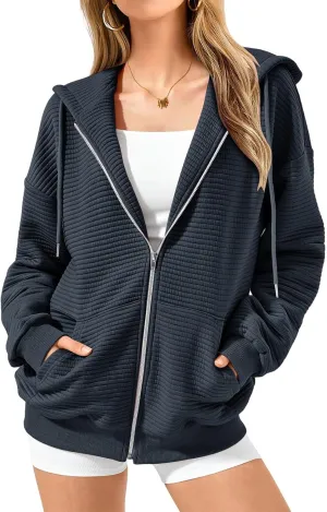 Mmoneyake Zip Up Hoodie Women Long Sleeve Sweatshirts 2024 Oversized Waffle Knit Hoodies Casual Fashion Jackets Fall Outfits