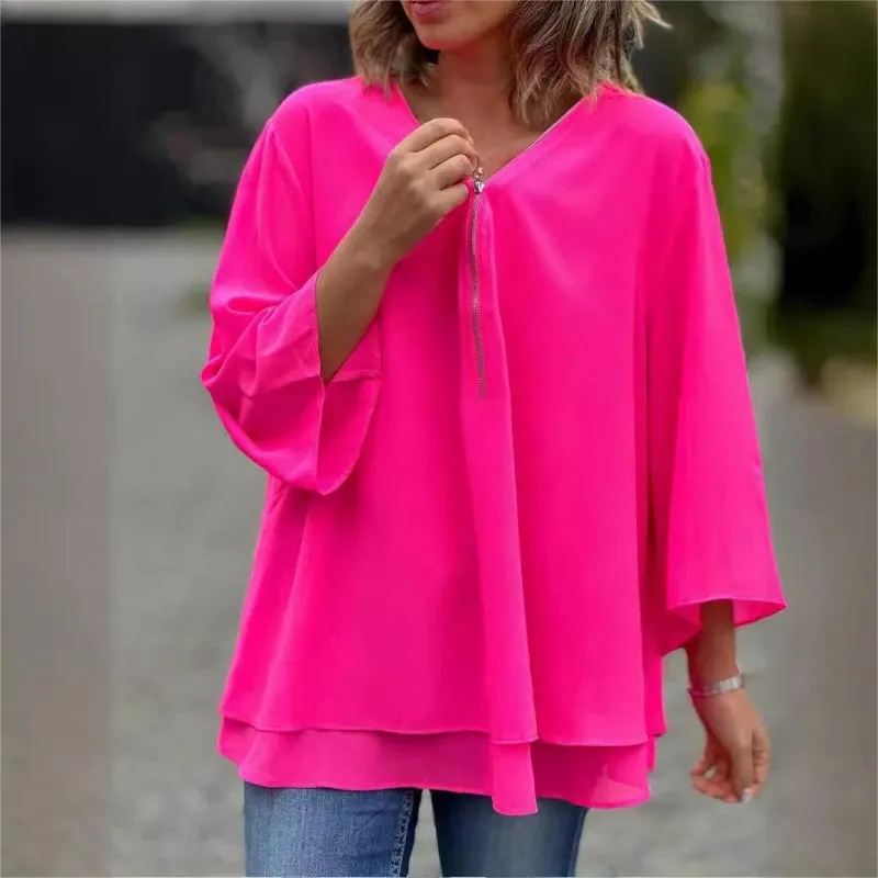 Mother's Day Hot Sale 50%Double-Layer V-neck Zipper 3/4 Sleeves Soft Tops