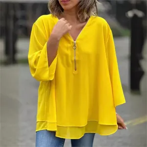 Mother's Day Hot Sale 50%Double-Layer V-neck Zipper 3/4 Sleeves Soft Tops