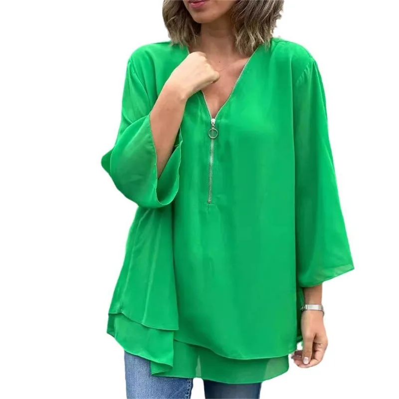 Mother's Day Hot Sale 50%Double-Layer V-neck Zipper 3/4 Sleeves Soft Tops