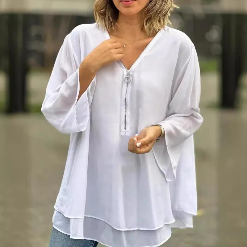 Mother's Day Hot Sale 50%Double-Layer V-neck Zipper 3/4 Sleeves Soft Tops