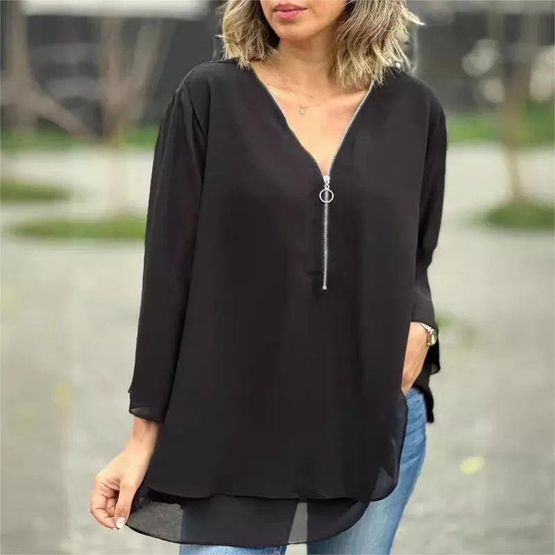 Mother's Day Hot Sale 50%Double-Layer V-neck Zipper 3/4 Sleeves Soft Tops