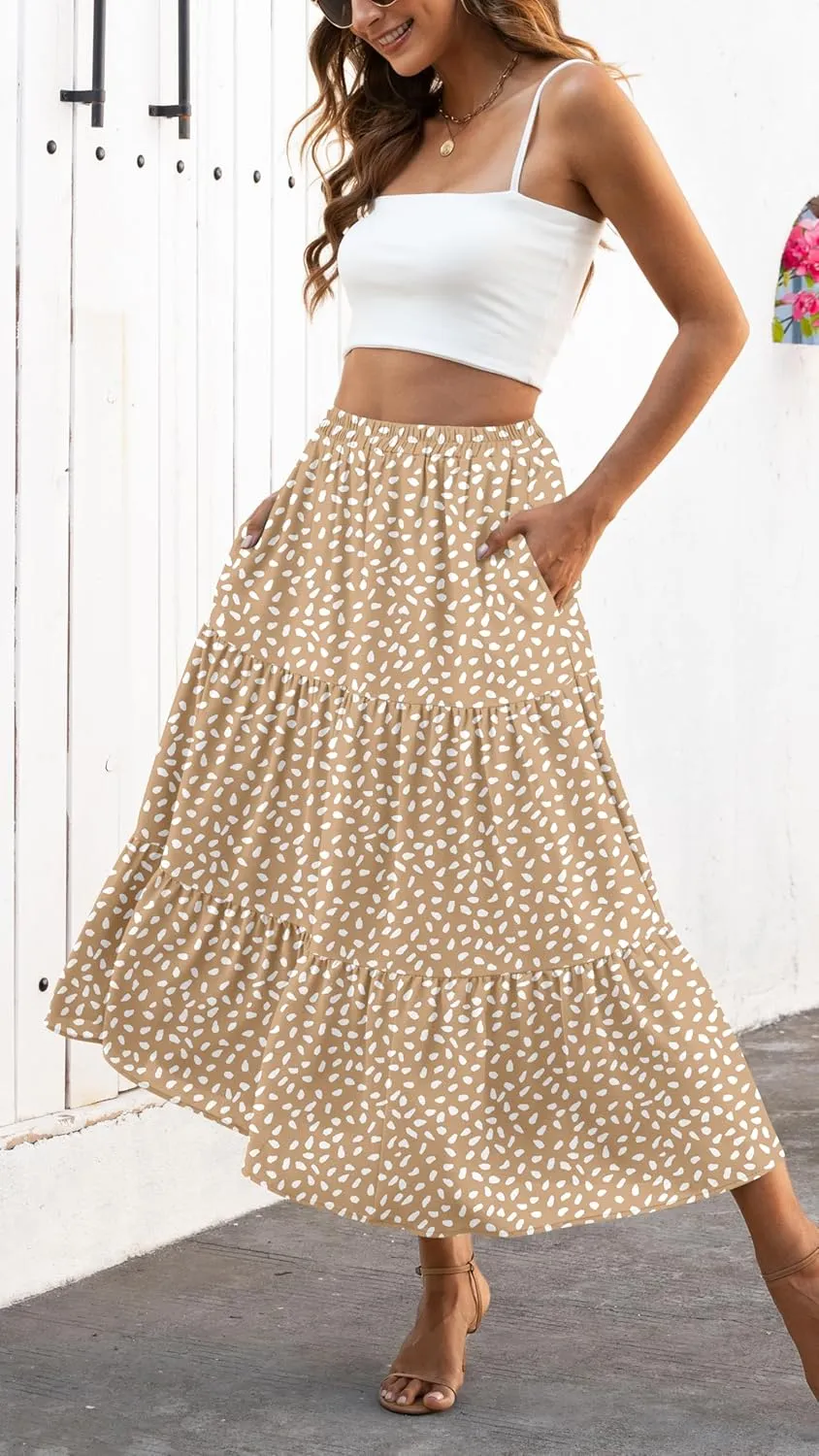 Naggoo Women's Summer Maxi Skirt Tiered A Line Ruffle Elastic High Waisted Flowy Beach Long Skirts with Pockets