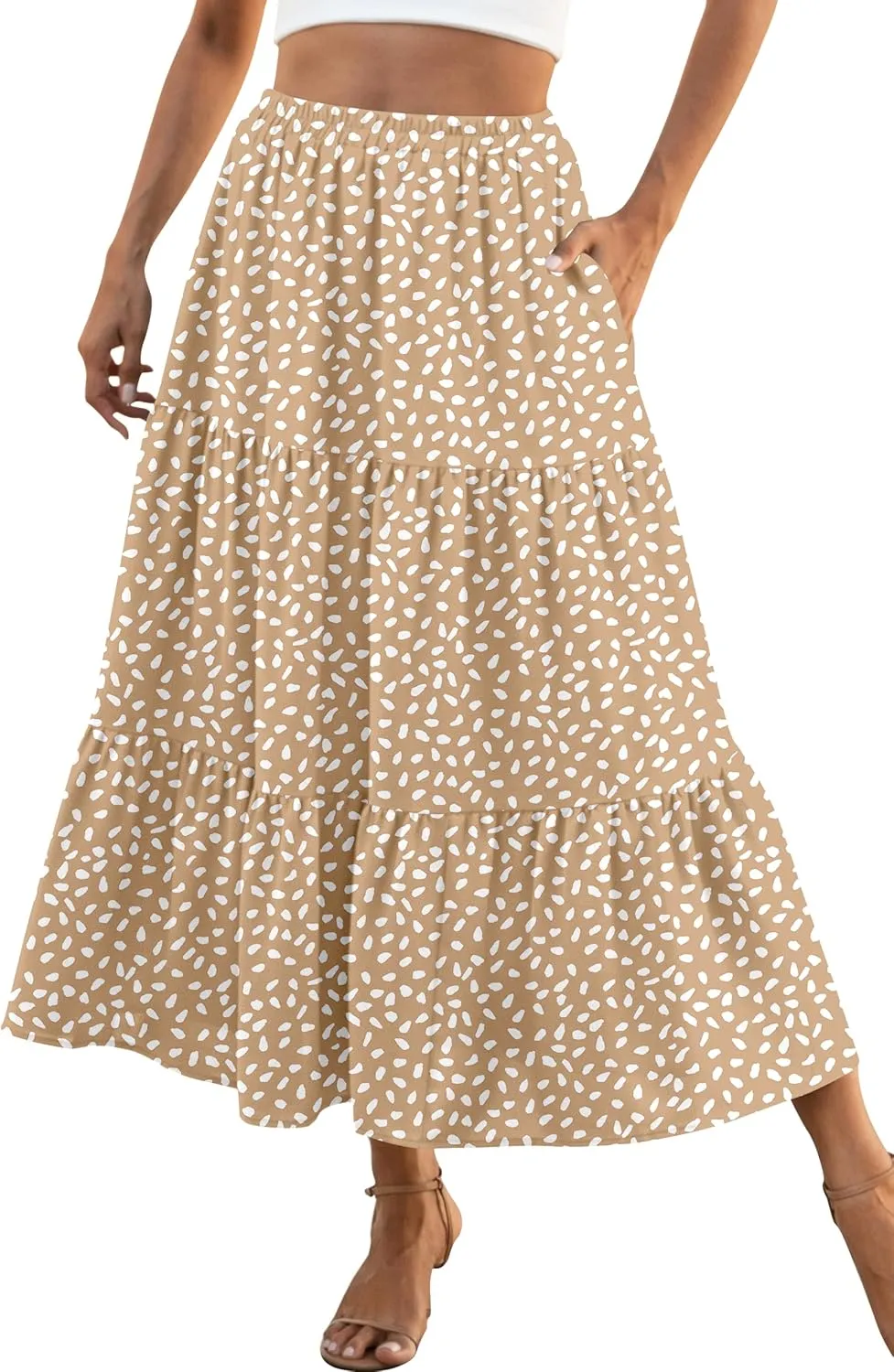 Naggoo Women's Summer Maxi Skirt Tiered A Line Ruffle Elastic High Waisted Flowy Beach Long Skirts with Pockets